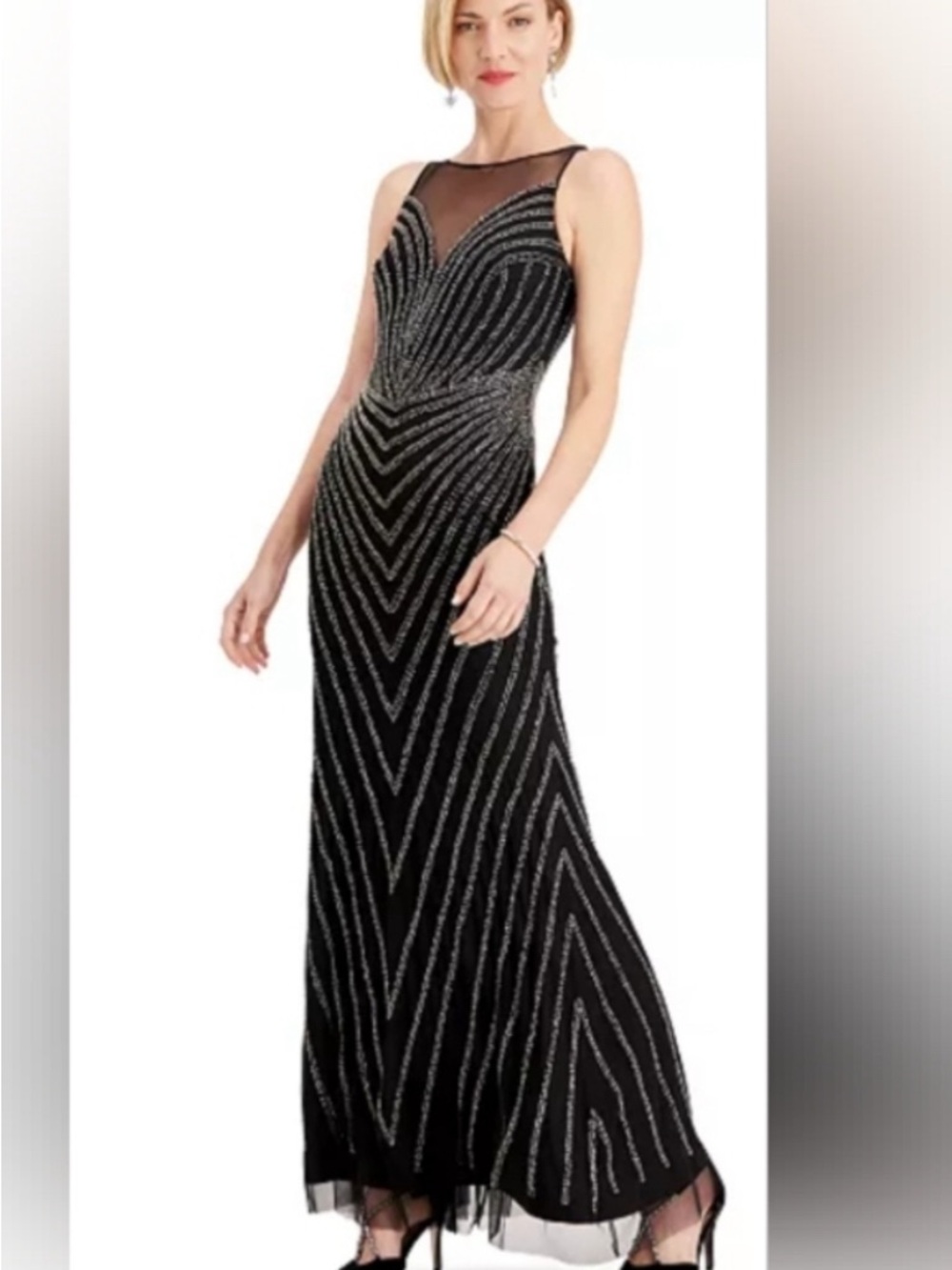 Adrianna Papell Black Beaded Mermaid Maxi Dress with Silver Detail